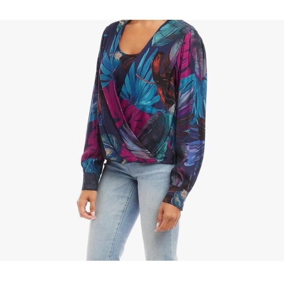 Karen Kane Womens Large Tropical Print Surplice Long Sleeve Blouse Top Multicolo - Picture 2 of 12